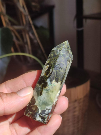 Prehnit A ~ grün schwarz nadeln natürlich Kristall Point Obelisk Magische Edelstein Deko Massagestab Crystal HIPPIE GOA Heilstein Natur - Art of Nature Berlin