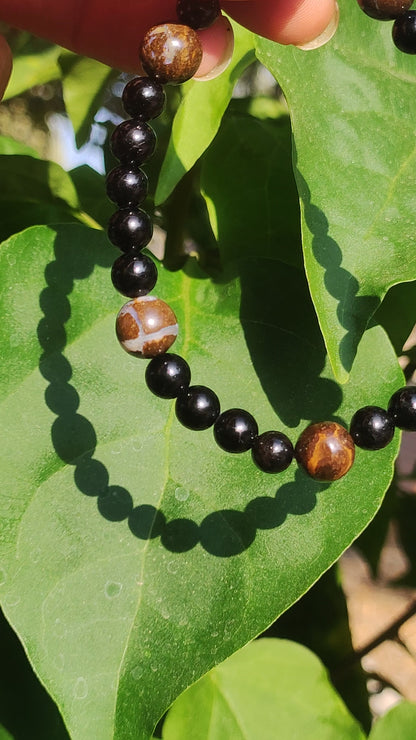 Boulder Opal + Turmalin schwarz (Schorl)- Edelstein Armband Stretch Perlen Geschenk Glück Mann Frau Kind Er Sie Freund Energie