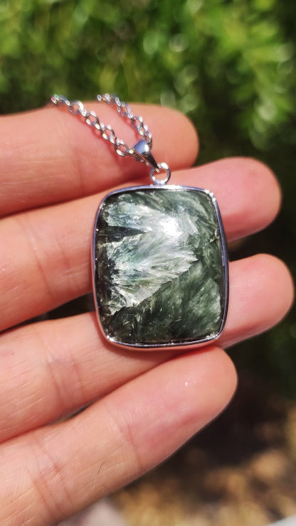 Seraphinite / Serafinite / Clinochlore 925 Sterling Silver Gemstone Necklace Green Natural Healing Stone Rarity Crystal Man Woman He She Gift