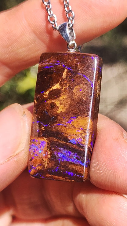 Boulder Opal inkl. 925 Silberöse ~ Edelstein Kette ~HIPPIE ~GOA ~Boho ~Ethno ~Nature ~Heilstein ~Rarität ~Selten ~Flash