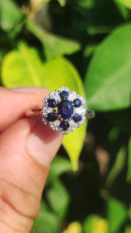 Saphir Blüten Ring 925 Silber Größe verstellbar Edelstein Heilstein Edel Energie Kraft Schmuck Hochwertig blau Geschenk Frau Geburtstag