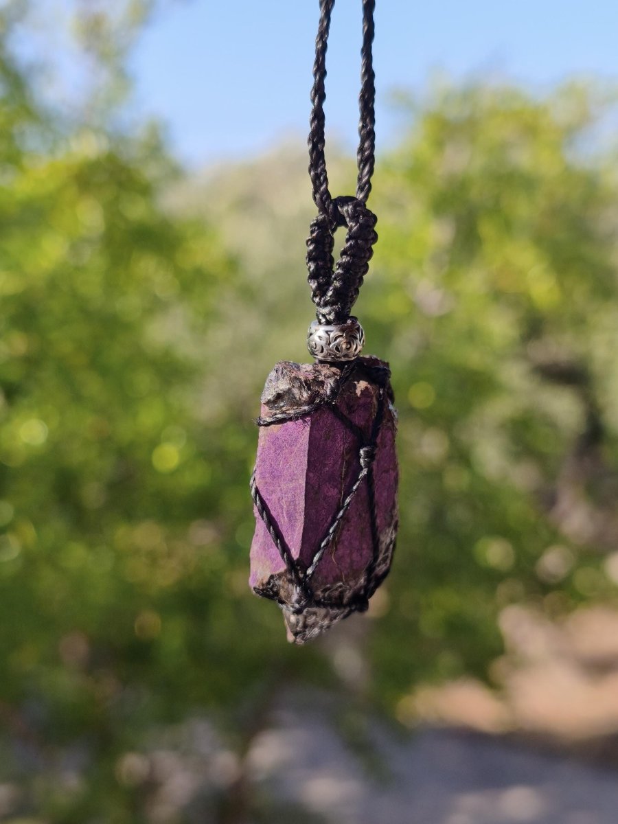 Purpurit ~ Makramee Edelstein Kette lila Natur HIPPIE GOA Boho Heilstein Kristalle Schmuck Anhänger Mann Frau Kind Geschenk Er Sie Schwester - Art of Nature Berlin