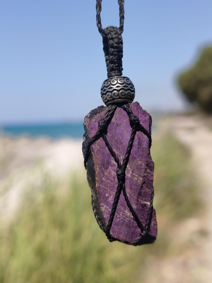 Purpurit ~ Makramee Edelstein Kette lila Natur HIPPIE GOA Boho Heilstein Kristalle Schmuck Anhänger Mann Frau Kind Geschenk Er Sie Schwester - Art of Nature Berlin