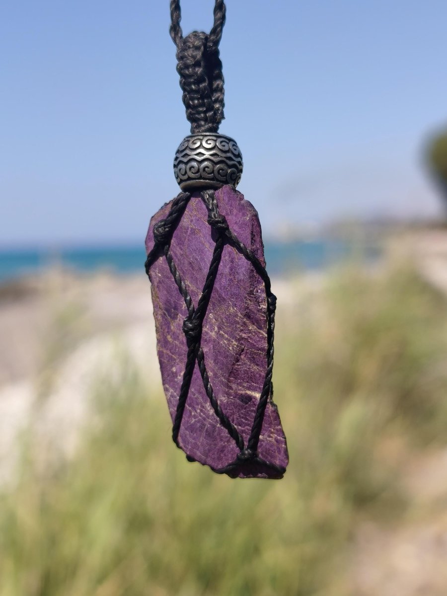 Purpurit ~ Makramee Edelstein Kette lila Natur HIPPIE GOA Boho Heilstein Kristalle Schmuck Anhänger Mann Frau Kind Geschenk Er Sie Schwester - Art of Nature Berlin