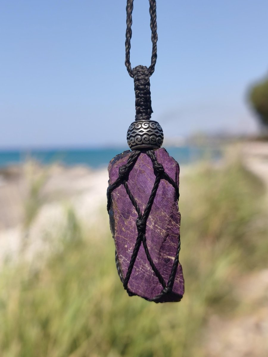 Purpurit ~ Makramee Edelstein Kette lila Natur HIPPIE GOA Boho Heilstein Kristalle Schmuck Anhänger Mann Frau Kind Geschenk Er Sie Schwester - Art of Nature Berlin