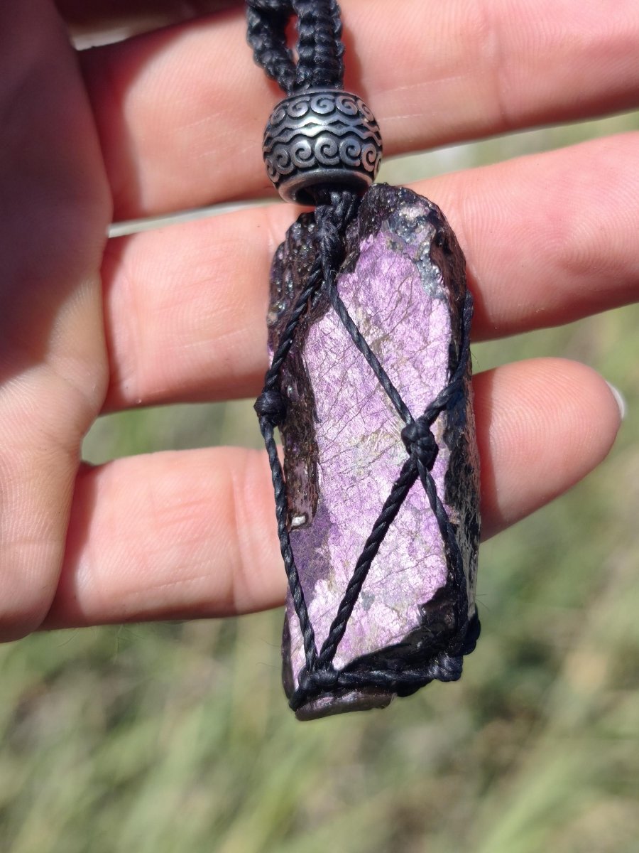 Purpurit ~ Makramee Edelstein Kette lila Natur HIPPIE GOA Boho Heilstein Kristalle Schmuck Anhänger Mann Frau Kind Geschenk Er Sie Schwester - Art of Nature Berlin
