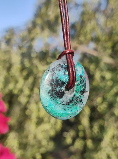 Quantum Quattro Chrysocoll 30mm Edelstein Kette Heilstein Schutzsymbol Mann Frau Glück HIPPIE GOA Boho Tibet Ethno Natur Rarität Geschenk - Art of Nature Berlin