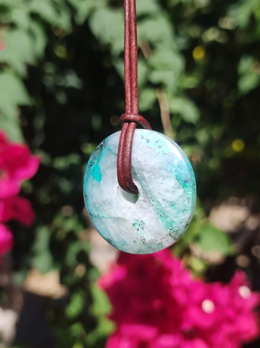 Quantum Quattro Chrysocoll Donut 30mm Edelstein Kette Heilstein Schutzsymbol Mann Frau Glück HIPPIE Boho Tibet Ethno Natur Rarität Geschenk - Art of Nature Berlin