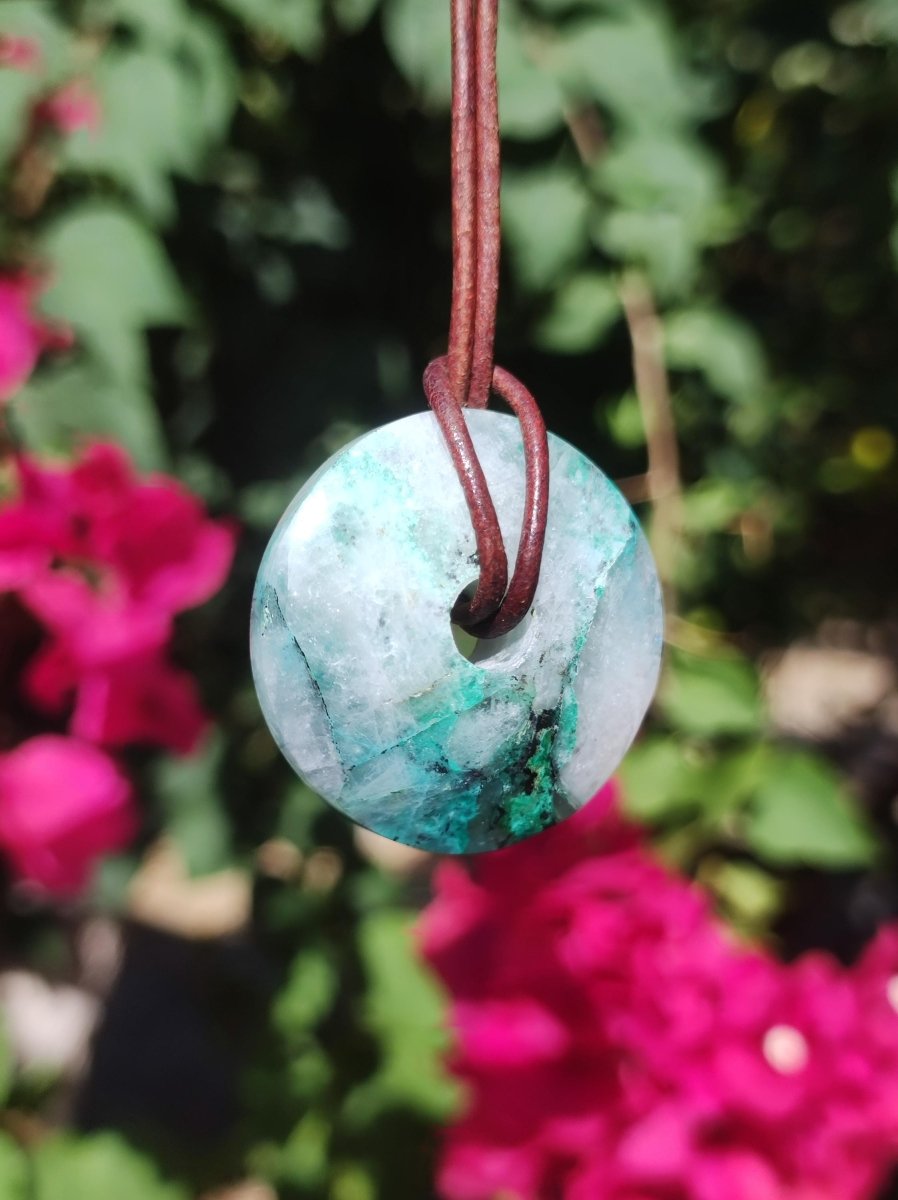 Quantum Quattro Chrysocoll Donut 30mm Edelstein Kette Heilstein Schutzsymbol Mann Frau Glück HIPPIE Boho Tibet Ethno Natur Rarität Geschenk - Art of Nature Berlin