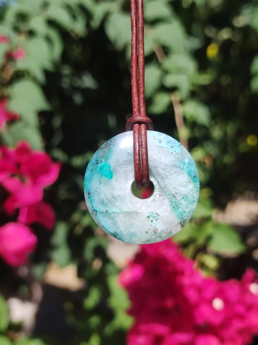 Quantum Quattro Chrysocoll Donut 30mm Edelstein Kette Heilstein Schutzsymbol Mann Frau Glück HIPPIE Boho Tibet Ethno Natur Rarität Geschenk - Art of Nature Berlin