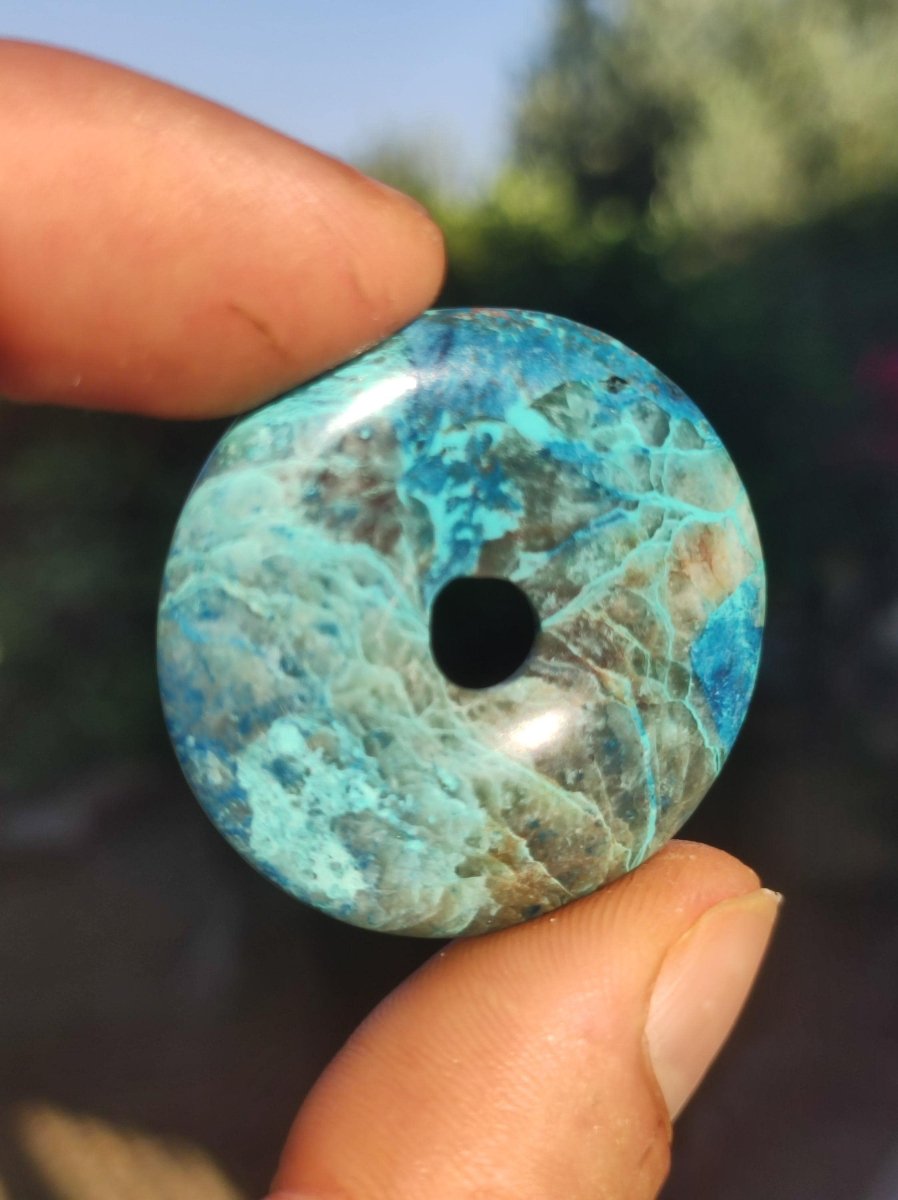Quantum Quattro Chrysocoll Donut 35mm Edelstein Kette Heilstein Schutzsymbol Mann Frau Glück HIPPIE Boho Tibet Ethno Natur Rarität Geschenk - Art of Nature Berlin