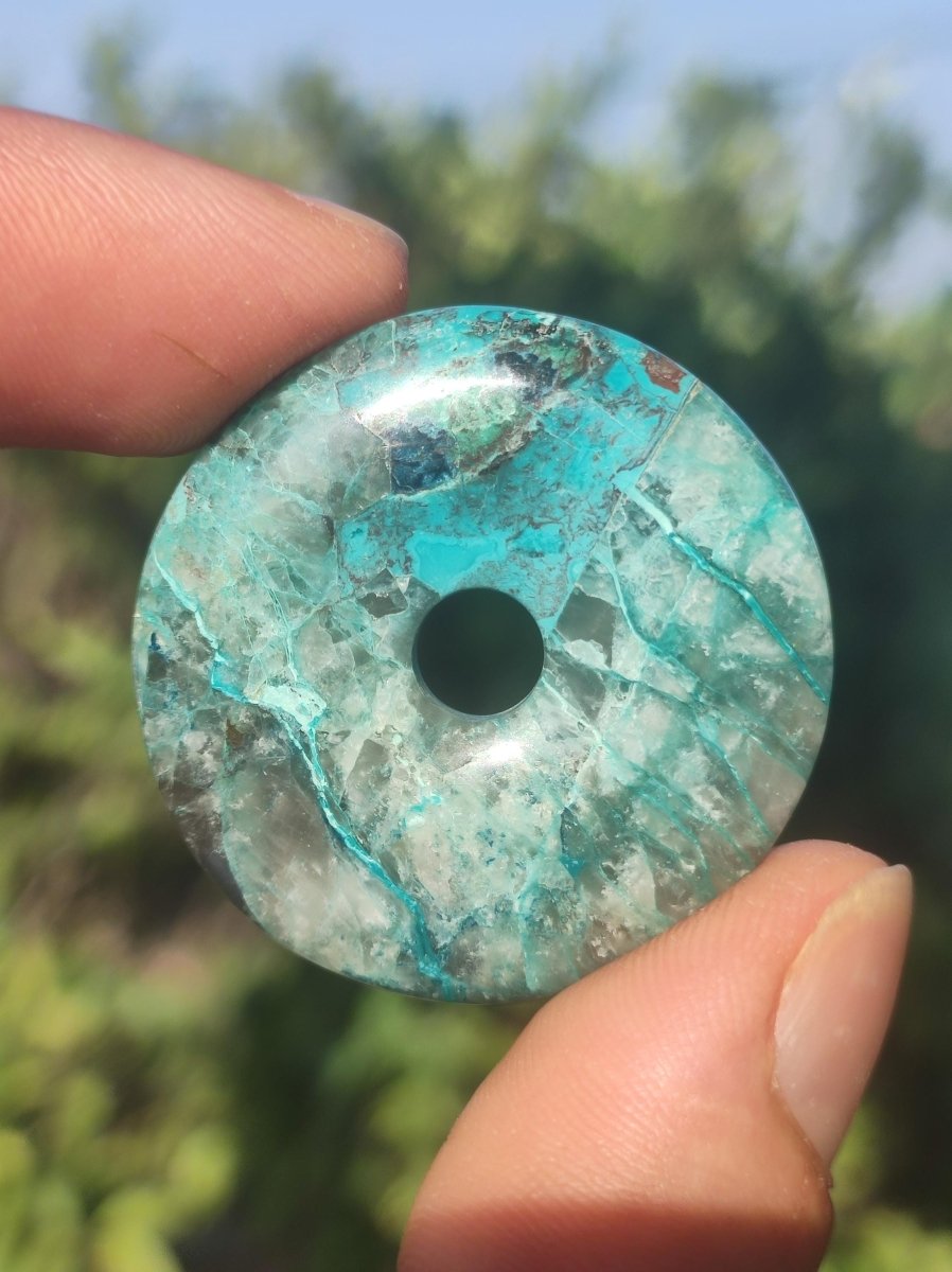 Quantum Quattro Chrysocoll Donut 35mm Edelstein Kette Heilstein Schutzsymbol Mann Frau Glück HIPPIE Boho Tibet Ethno Natur Rarität Geschenk - Art of Nature Berlin