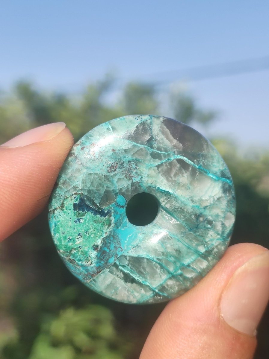 Quantum Quattro Chrysocoll Donut 35mm Edelstein Kette Heilstein Schutzsymbol Mann Frau Glück HIPPIE Boho Tibet Ethno Natur Rarität Geschenk - Art of Nature Berlin