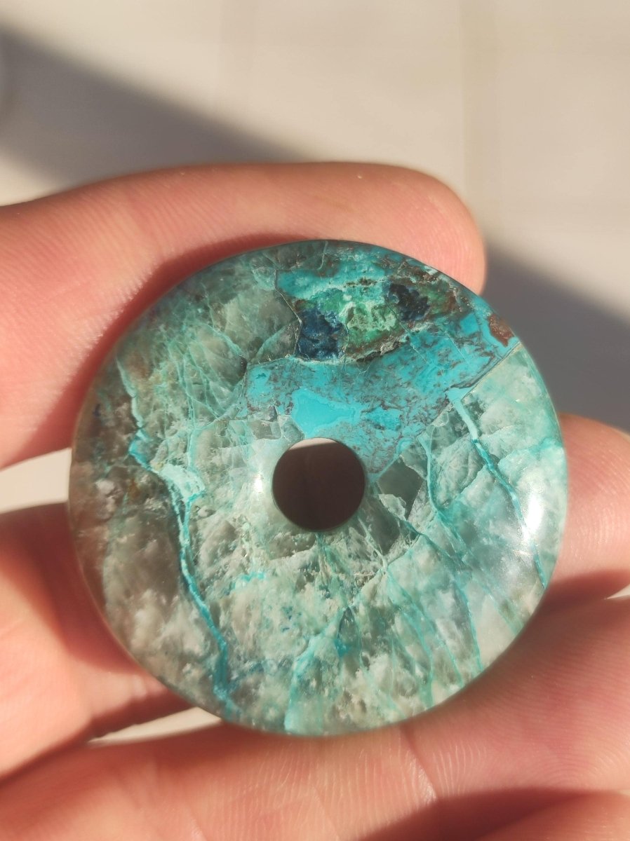 Quantum Quattro Chrysocoll Donut 35mm Edelstein Kette Heilstein Schutzsymbol Mann Frau Glück HIPPIE Boho Tibet Ethno Natur Rarität Geschenk - Art of Nature Berlin