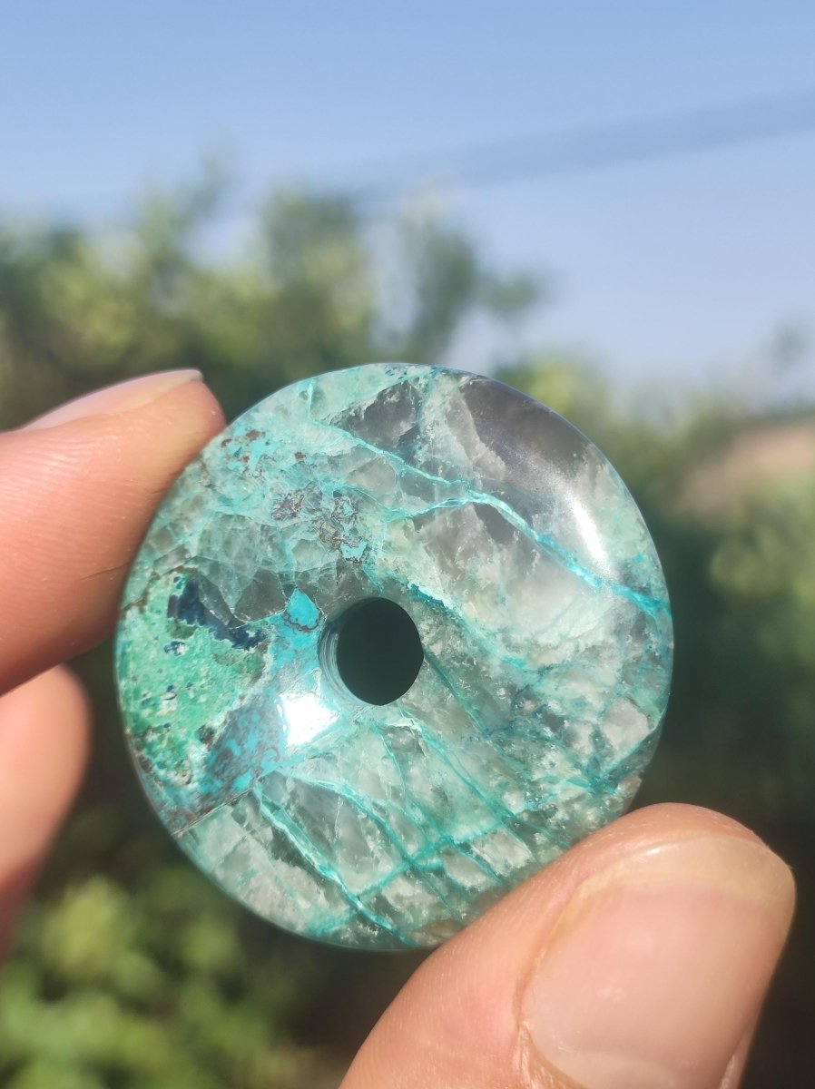 Quantum Quattro Chrysocoll Donut 35mm Edelstein Kette Heilstein Schutzsymbol Mann Frau Glück HIPPIE Boho Tibet Ethno Natur Rarität Geschenk - Art of Nature Berlin