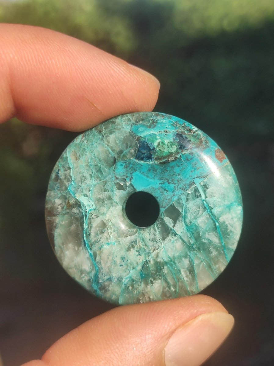 Quantum Quattro Chrysocoll Donut 35mm Edelstein Kette Heilstein Schutzsymbol Mann Frau Glück HIPPIE Boho Tibet Ethno Natur Rarität Geschenk - Art of Nature Berlin