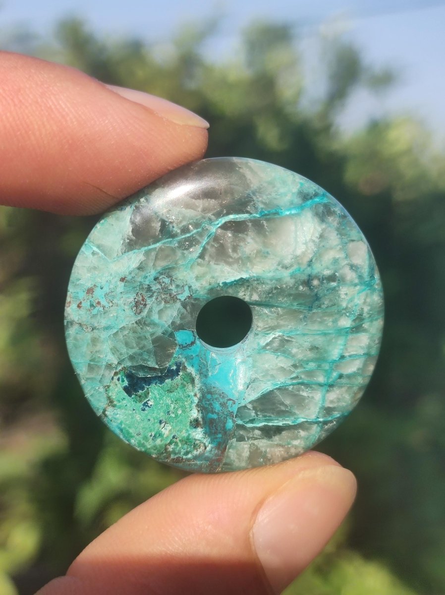 Quantum Quattro Chrysocoll Donut 35mm Edelstein Kette Heilstein Schutzsymbol Mann Frau Glück HIPPIE Boho Tibet Ethno Natur Rarität Geschenk - Art of Nature Berlin