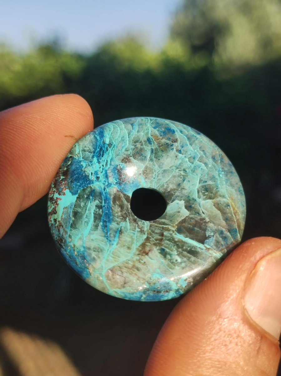 Quantum Quattro Chrysocoll Donut 35mm Edelstein Kette Heilstein Schutzsymbol Mann Frau Glück HIPPIE Boho Tibet Ethno Natur Rarität Geschenk - Art of Nature Berlin