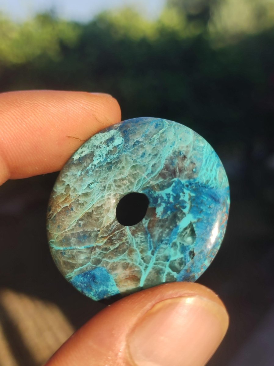 Quantum Quattro Chrysocoll Donut 35mm Edelstein Kette Heilstein Schutzsymbol Mann Frau Glück HIPPIE Boho Tibet Ethno Natur Rarität Geschenk - Art of Nature Berlin