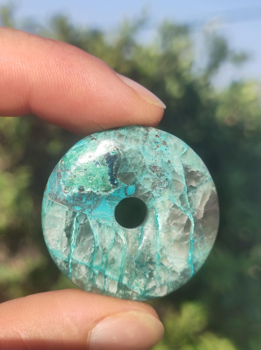 Quantum Quattro Chrysocoll Donut 35mm Edelstein Kette Heilstein Schutzsymbol Mann Frau Glück HIPPIE Boho Tibet Ethno Natur Rarität Geschenk - Art of Nature Berlin