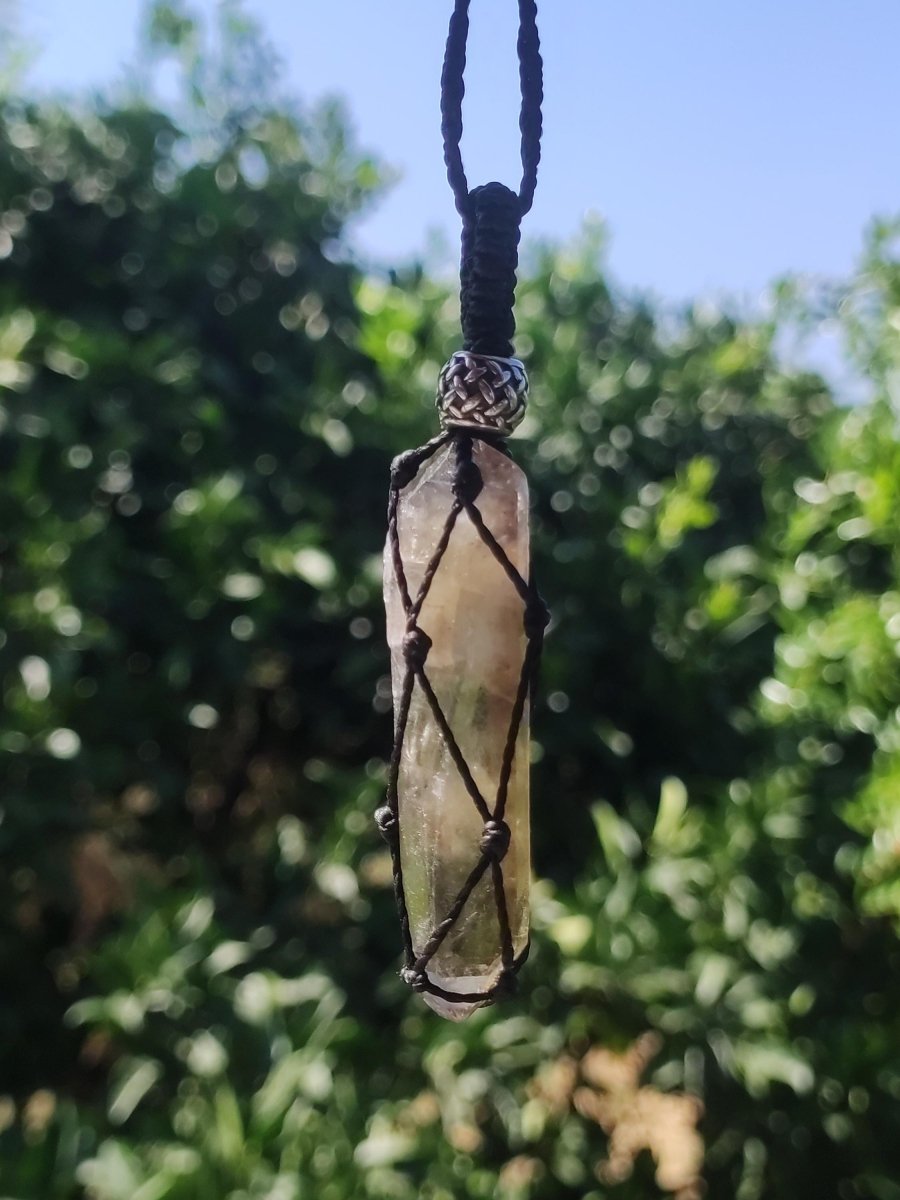 Rauchquarz Spitze ~ Makramee Edelstein Kette klar Heilstein roh Kristall Geschenk Er Sie Freundin Mann Frau HIPPIE GOA Ethno Natur Vintage - Art of Nature Berlin