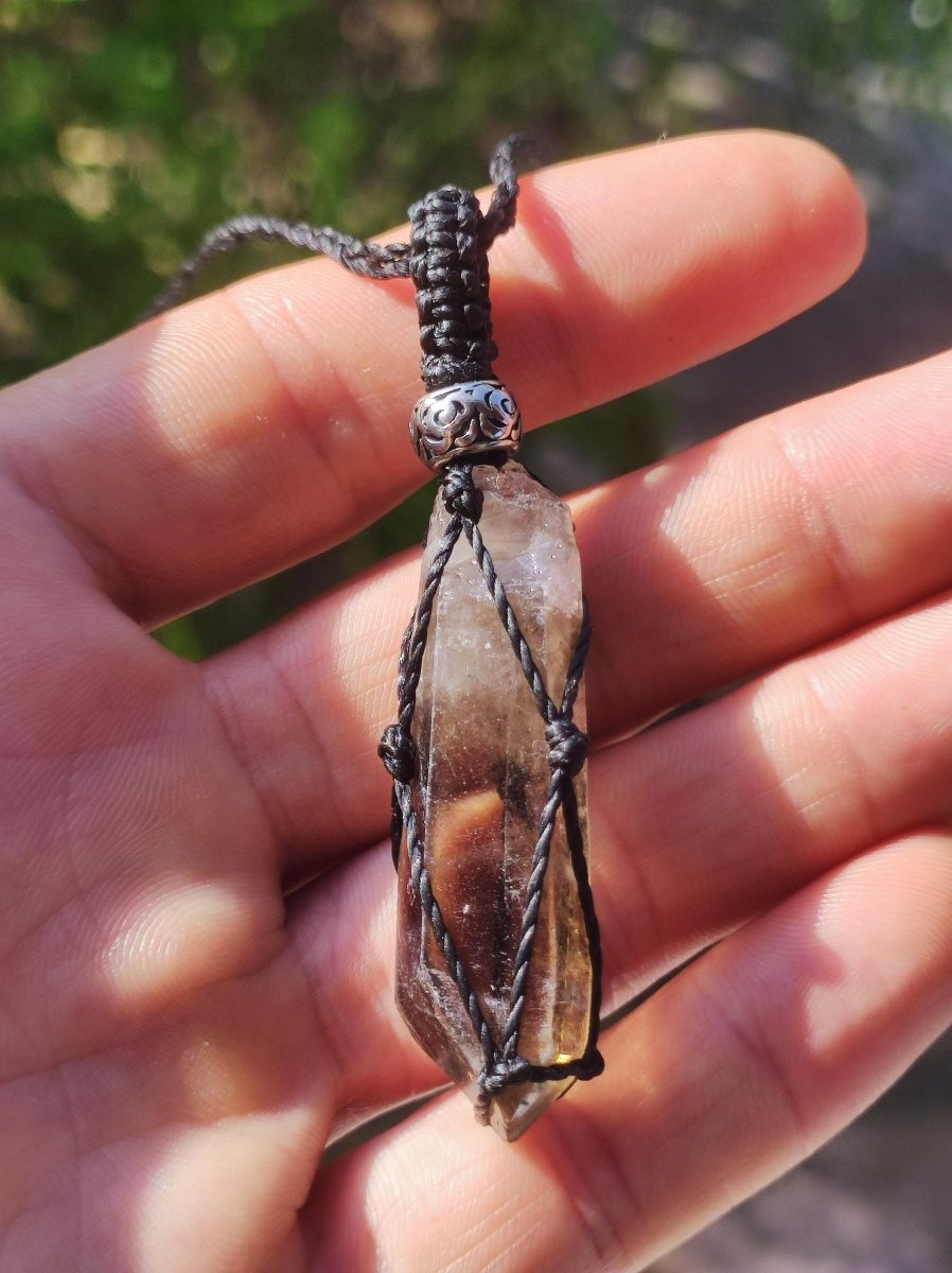 Rauchquarz Spitze ~ Makramee Edelstein Kette klar Heilstein roh Kristall Geschenk Er Sie Freundin Mann Frau HIPPIE GOA Ethno Natur Vintage - Art of Nature Berlin