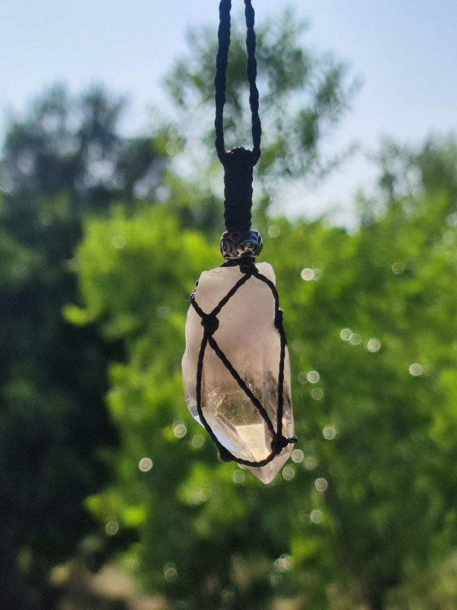 Rauchquarz Spitze ~ Makramee Edelstein Kette klar Heilstein roh Kristall Geschenk Er Sie Freundin Mann Frau HIPPIE GOA Ethno Natur Vintage - Art of Nature Berlin