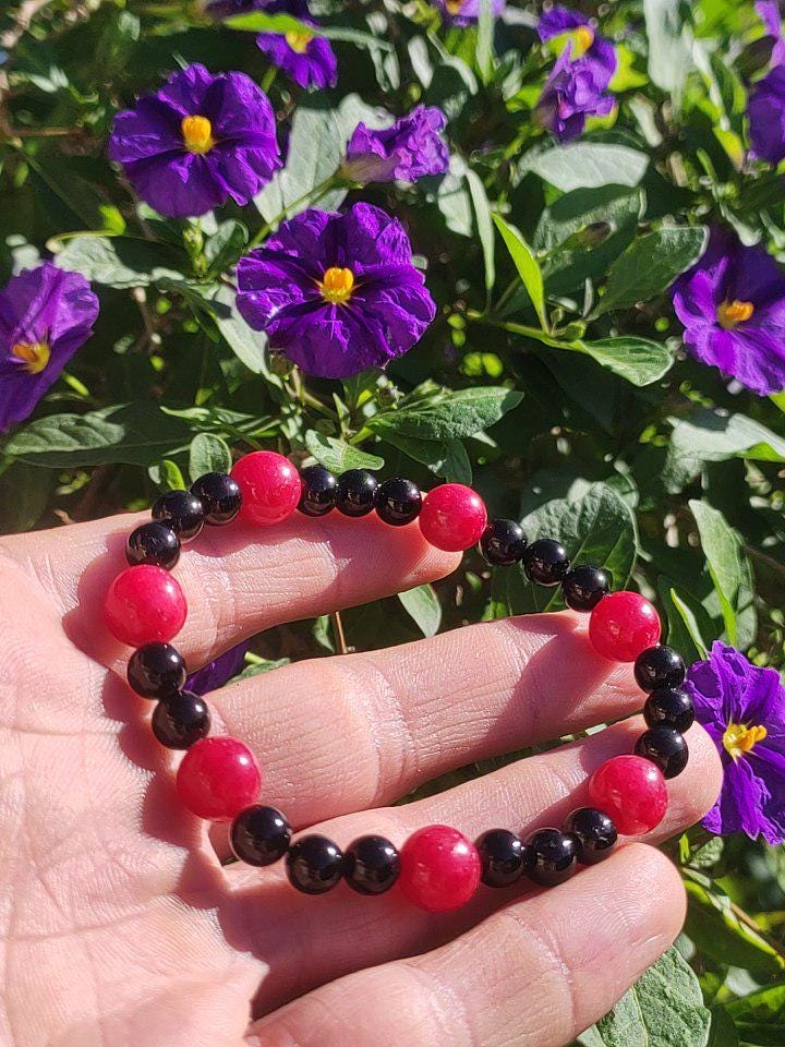 Rhodonit rot + Turmalin (Schorl) AAA *Rarität* - Edelstein Armband Stretch schwarz Perlen Glück Mann Frau Er Sie Geschenk Freund Energie - Art of Nature Berlin