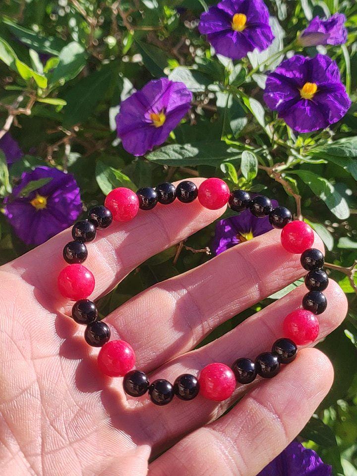 Rhodonit rot + Turmalin (Schorl) AAA *Rarität* - Edelstein Armband Stretch schwarz Perlen Glück Mann Frau Er Sie Geschenk Freund Energie - Art of Nature Berlin