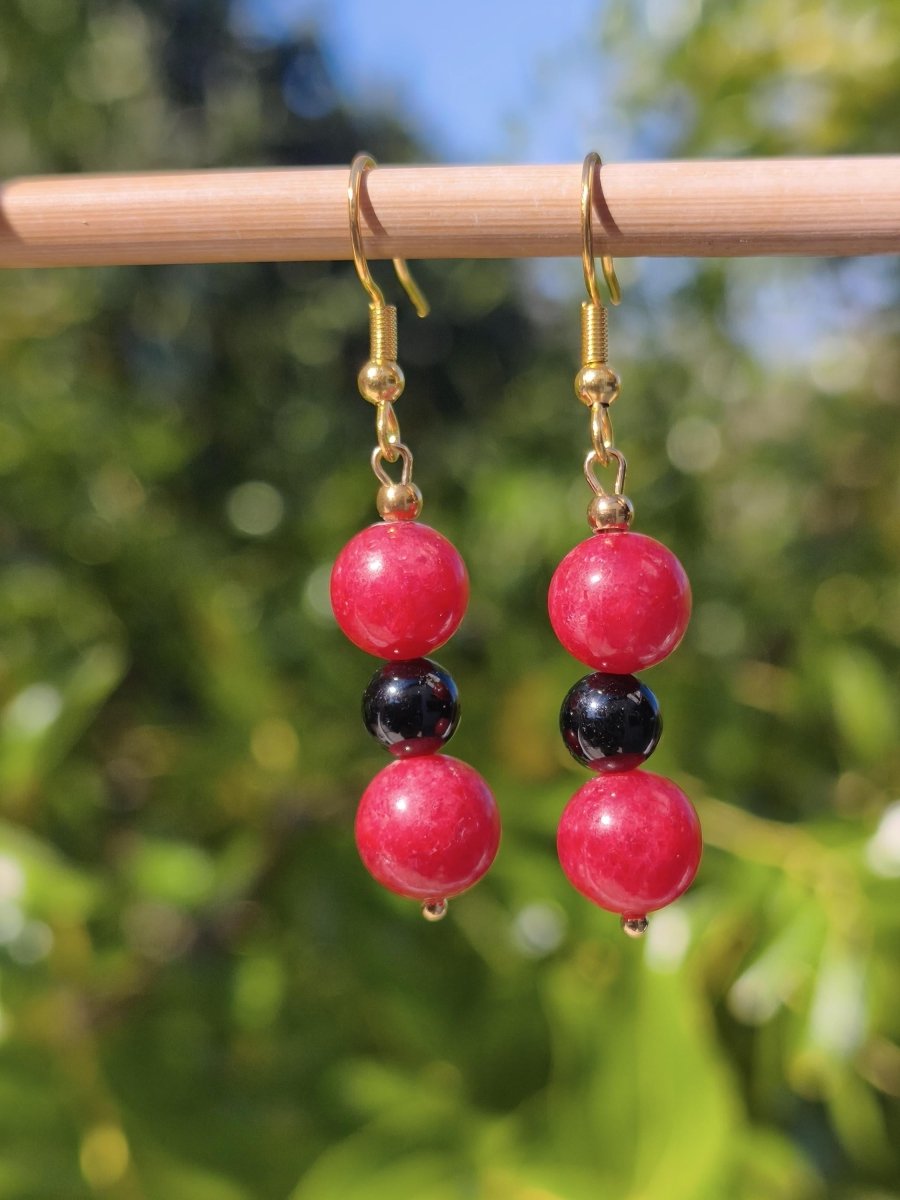 Roter Rhodonit + Schwarzer Turmalin - Ohrringe Edelstein Perlen Frau Mutter Tochter Sie Freundin Geschenk Natur Heilstein Ohrhänger Rarität - Art of Nature Berlin