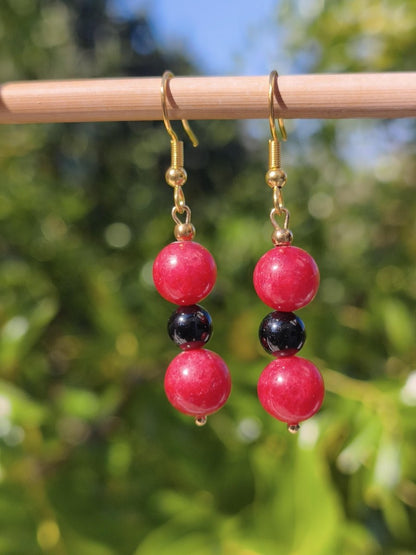 Roter Rhodonit + Schwarzer Turmalin - Ohrringe Edelstein Perlen Frau Mutter Tochter Sie Freundin Geschenk Natur Heilstein Ohrhänger Rarität - Art of Nature Berlin