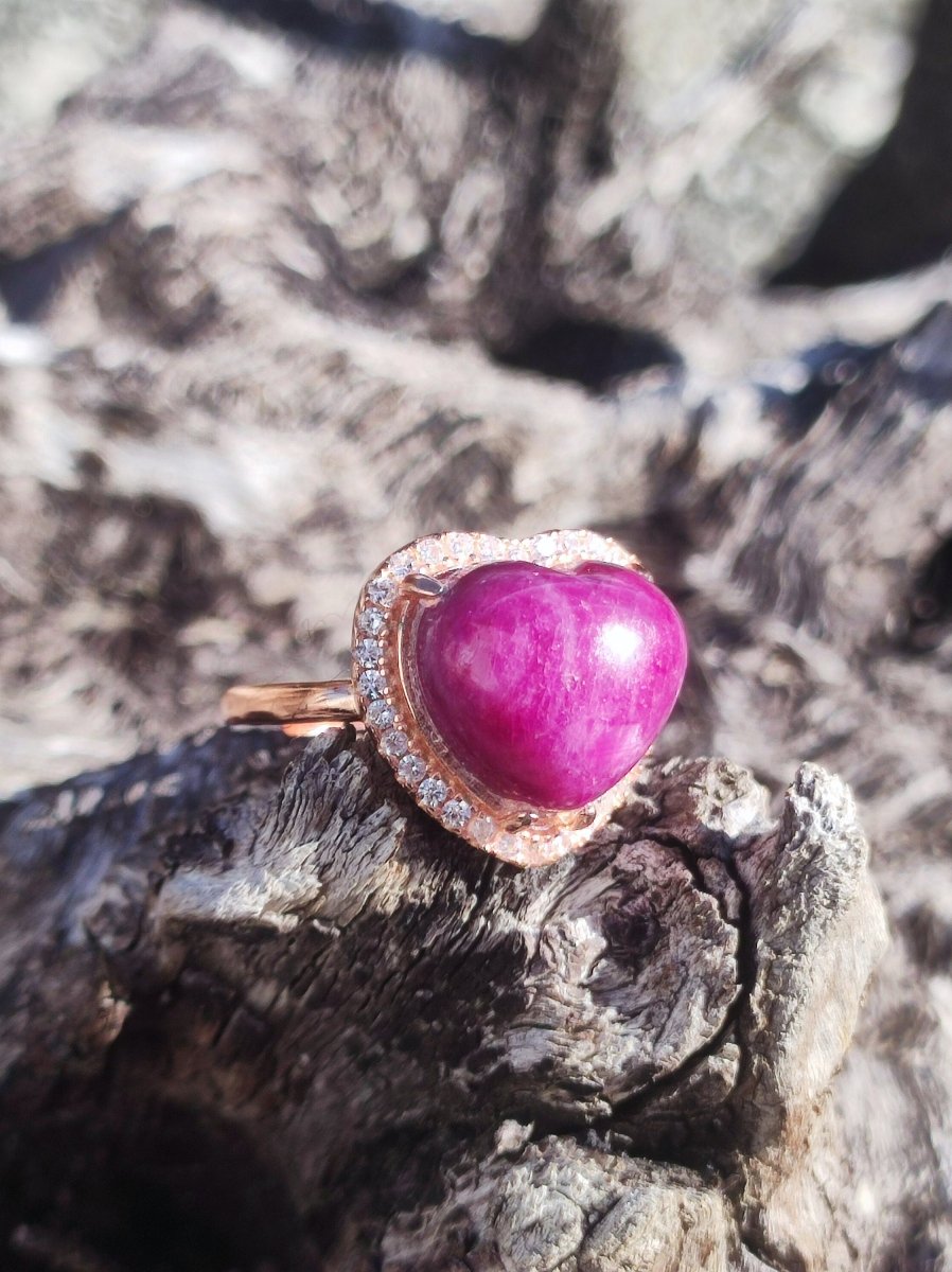 Rubin Herz Ring 925 Silber + 18k vergoldet verstellbar Edelstein rot Heilstein Edel Schmuck Hochwertig Verlobung Geschenk Frau Geburtstag - Art of Nature Berlin