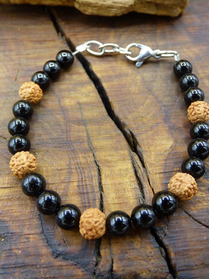 Rudraksha & Schwarzer Turmalin Bodhi Tibet Holzperlen 304 Edelstahl ~ Edelstein Armband ~GOA ~ Hippie ~Boho ~Ethno ~Indie ~Nature ~Heilstein - Art of Nature Berlin