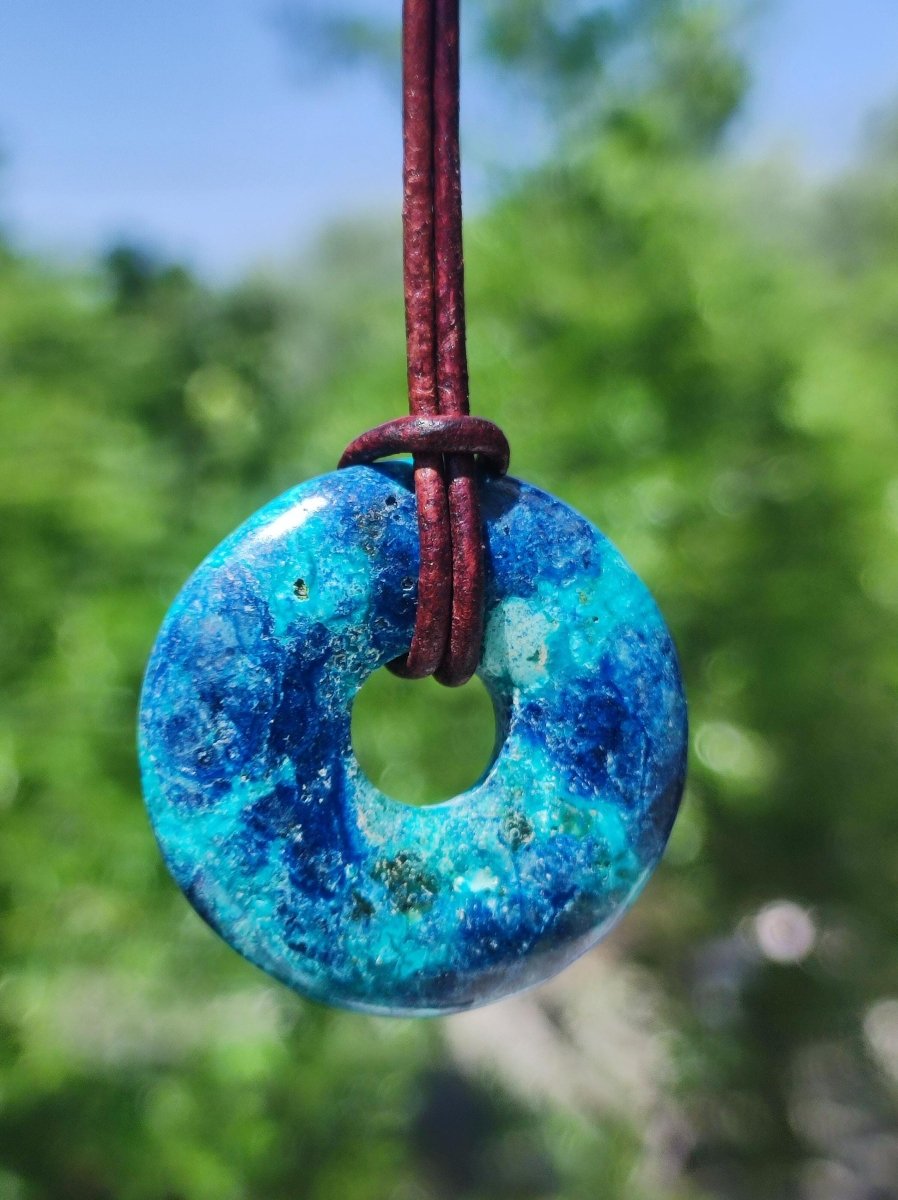 Shattuckit - Chrysocoll Donut 30mm Edelstein Kette Heilstein Schutzsymbol Mann Frau Glück HIPPIE GOA Boho Tibet Ethno Natur Rarität Geschenk - Art of Nature Berlin