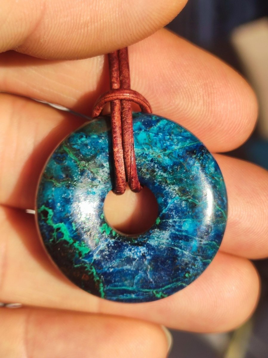 Shattuckit - Chrysocoll Donut 30mm Edelstein Kette Heilstein Schutzsymbol Mann Frau Glück HIPPIE GOA Boho Tibet Ethno Natur Rarität Geschenk - Art of Nature Berlin