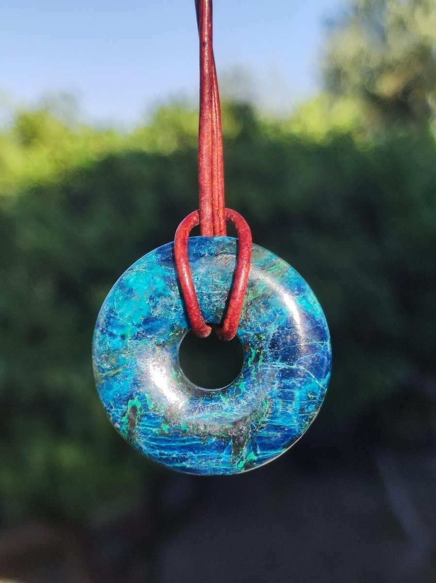 Shattuckit - Chrysocoll Donut 30mm Edelstein Kette Heilstein Schutzsymbol Mann Frau Glück HIPPIE GOA Boho Tibet Ethno Natur Rarität Geschenk - Art of Nature Berlin