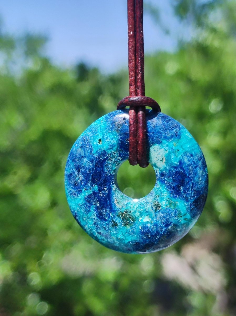 Shattuckit - Chrysocoll Donut 30mm Edelstein Kette Heilstein Schutzsymbol Mann Frau Glück HIPPIE GOA Boho Tibet Ethno Natur Rarität Geschenk - Art of Nature Berlin