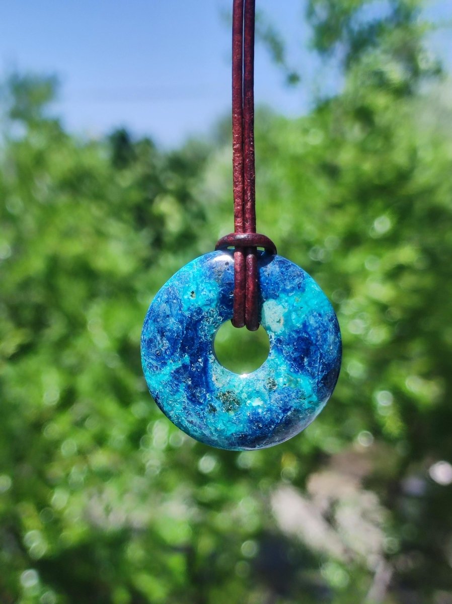 Shattuckit - Chrysocoll Donut 30mm Edelstein Kette Heilstein Schutzsymbol Mann Frau Glück HIPPIE GOA Boho Tibet Ethno Natur Rarität Geschenk - Art of Nature Berlin