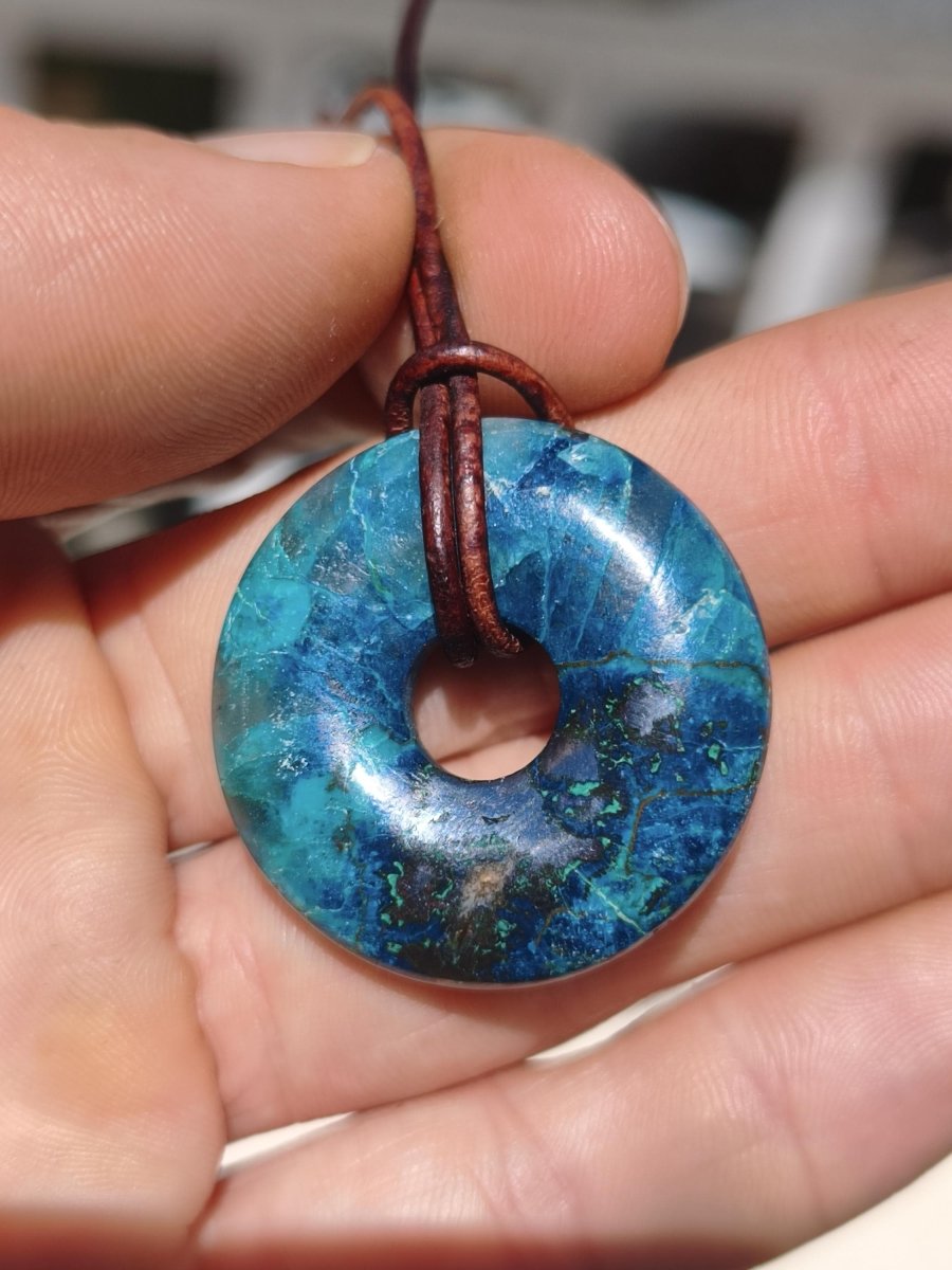 Shattuckit - Chrysocoll Donut 30mm Edelstein Kette Heilstein Schutzsymbol Mann Frau Glück HIPPIE GOA Boho Tibet Ethno Natur Rarität Geschenk - Art of Nature Berlin