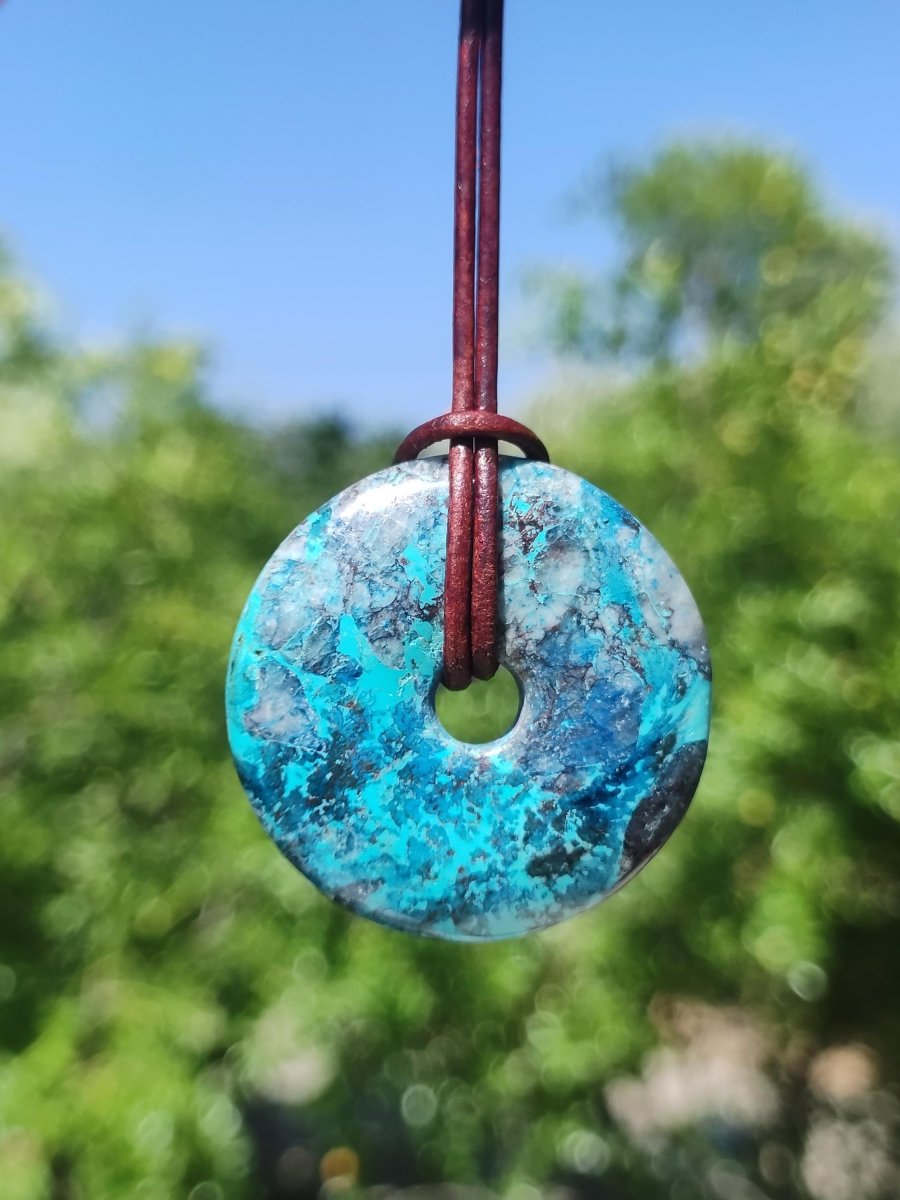 Shattuckit - Chrysocoll Donut 35mm Edelstein Kette Heilstein Schutzsymbol Mann Frau Glück HIPPIE GOA Boho Tibet Ethno Natur Rarität Geschenk - Art of Nature Berlin