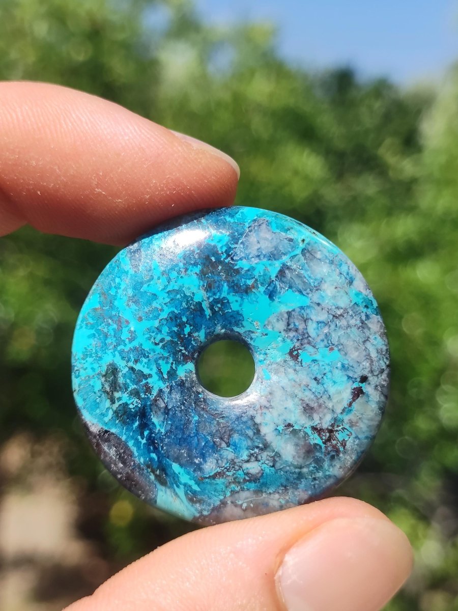 Shattuckit - Chrysocoll Donut 35mm Edelstein Kette Heilstein Schutzsymbol Mann Frau Glück HIPPIE GOA Boho Tibet Ethno Natur Rarität Geschenk - Art of Nature Berlin