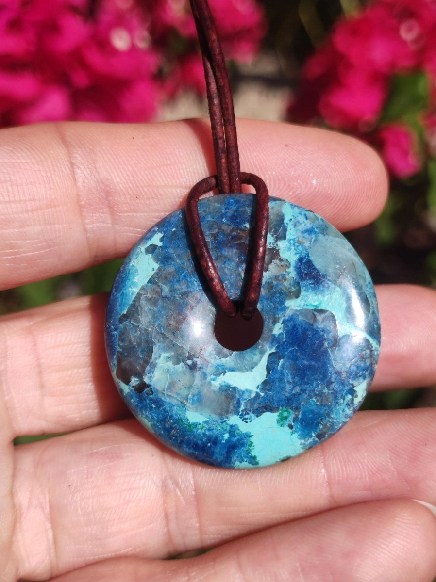 Shattuckit - Chrysocoll Donut Edelstein Kette Heilstein Schutzsymbol Mann Frau Glück HIPPIE GOA Boho Tibet Ethno Natur Rarität Geschenk - Art of Nature Berlin