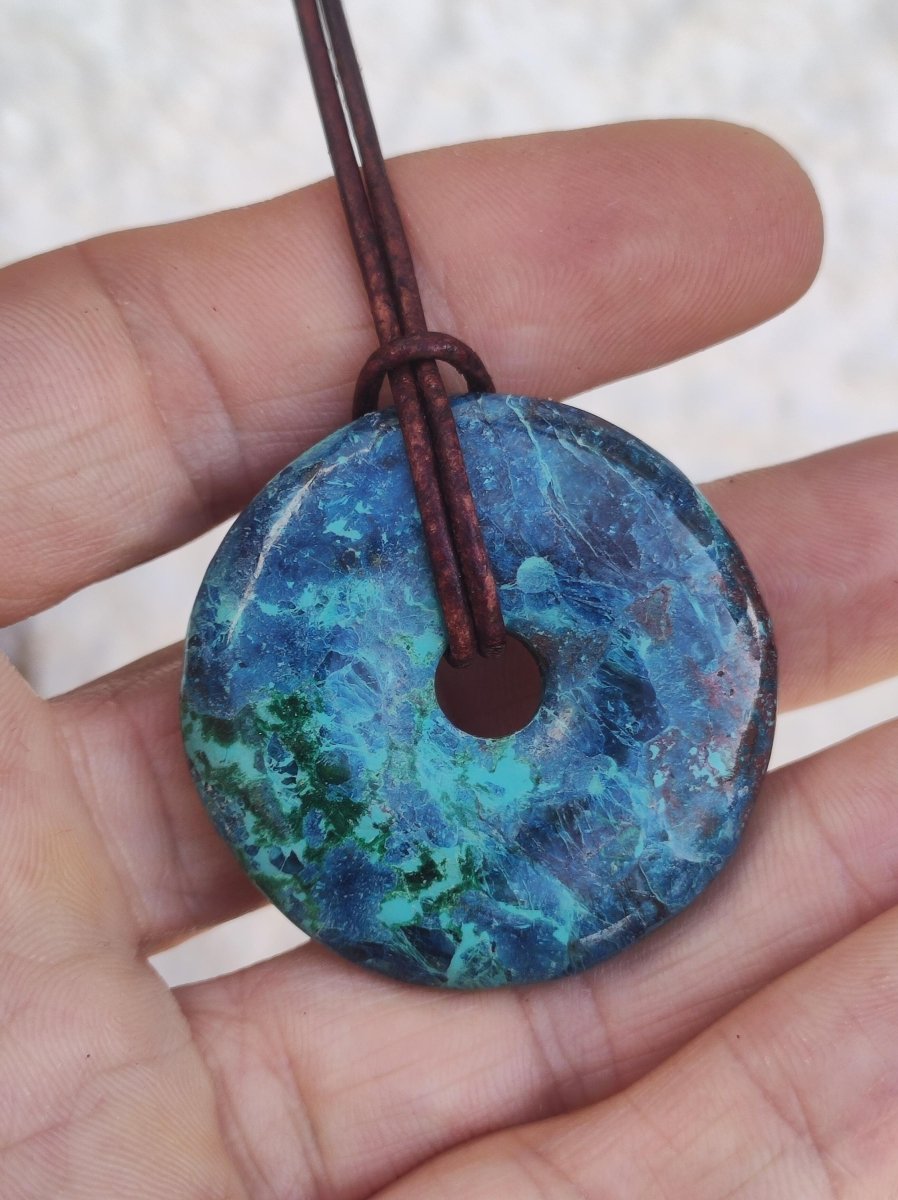 Shattuckit - Chrysocoll Donut Edelstein Kette Heilstein Schutzsymbol Mann Frau Glück HIPPIE GOA Boho Tibet Ethno Natur Rarität Geschenk - Art of Nature Berlin