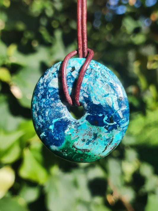 Shattuckit - Chrysocoll Donut Edelstein Kette Heilstein Schutzsymbol Mann Frau Glück HIPPIE GOA Boho Tibet Ethno Natur Rarität Geschenk - Art of Nature Berlin