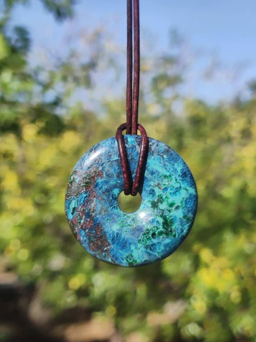 Shattuckit - Chrysocoll Donut Edelstein Kette Heilstein Schutzsymbol Mann Frau Glück HIPPIE GOA Boho Tibet Ethno Natur Rarität Geschenk - Art of Nature Berlin