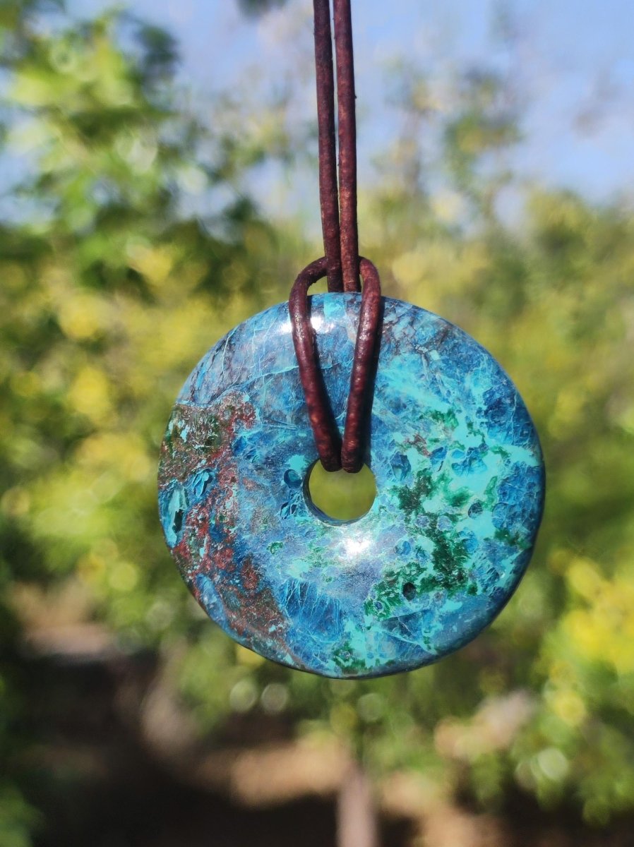 Shattuckit - Chrysocoll Donut Edelstein Kette Heilstein Schutzsymbol Mann Frau Glück HIPPIE GOA Boho Tibet Ethno Natur Rarität Geschenk - Art of Nature Berlin