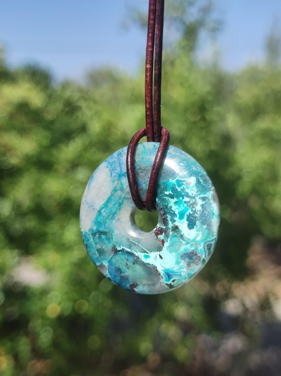 Shattuckit - Chrysocoll Donut Edelstein Kette Heilstein Schutzsymbol Mann Frau Glück HIPPIE GOA Boho Tibet Ethno Natur Rarität Geschenk - Art of Nature Berlin