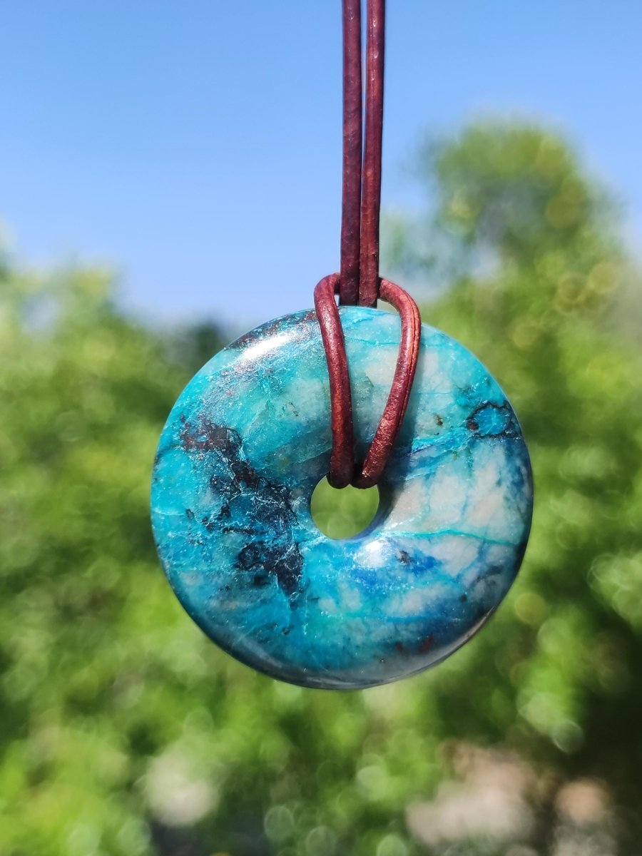 Shattuckit - Chrysocoll Donut Edelstein Kette Heilstein Schutzsymbol Mann Frau Glück HIPPIE GOA Boho Tibet Ethno Natur Rarität Geschenk - Art of Nature Berlin