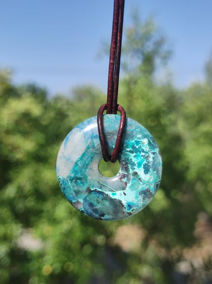 Shattuckit - Chrysocoll Donut Edelstein Kette Heilstein Schutzsymbol Mann Frau Glück HIPPIE GOA Boho Tibet Ethno Natur Rarität Geschenk - Art of Nature Berlin