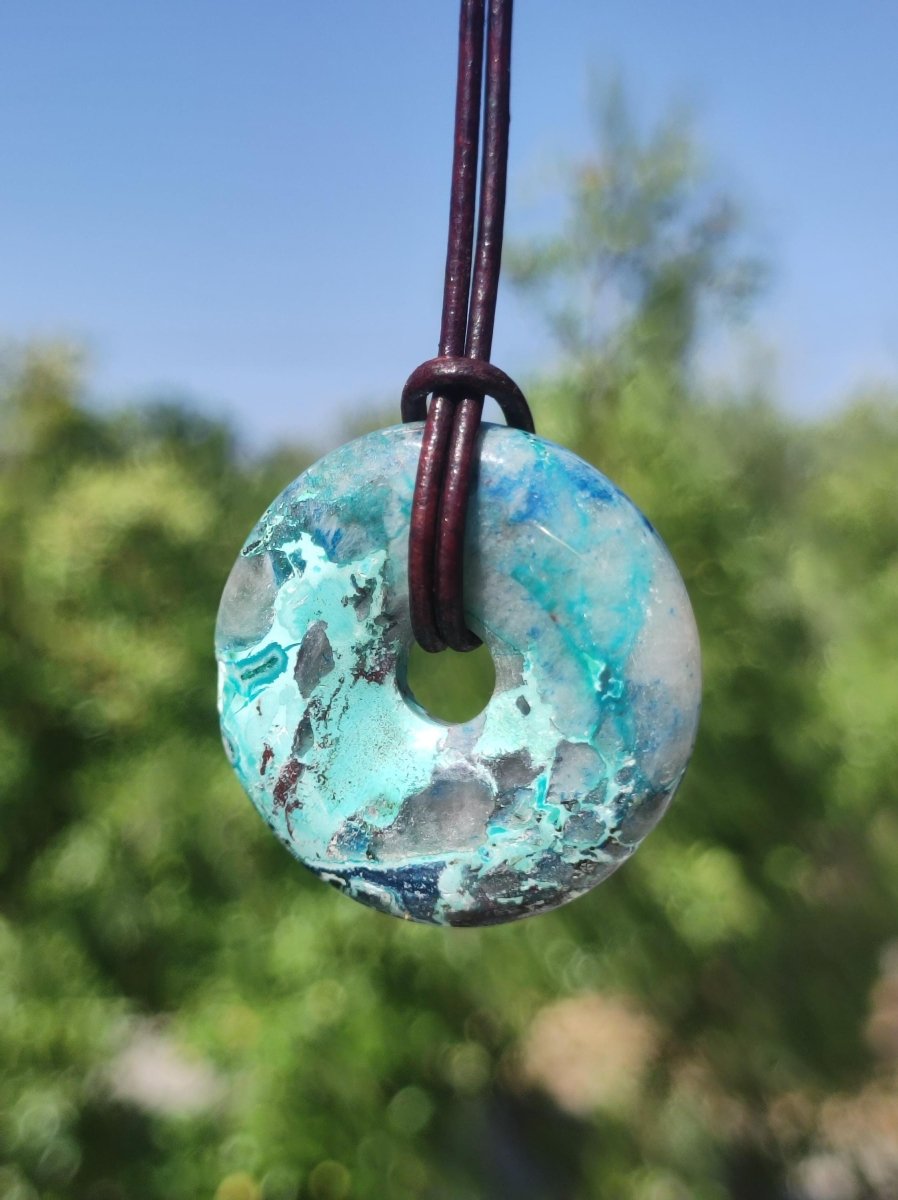 Shattuckit - Chrysocoll Donut Edelstein Kette Heilstein Schutzsymbol Mann Frau Glück HIPPIE GOA Boho Tibet Ethno Natur Rarität Geschenk - Art of Nature Berlin